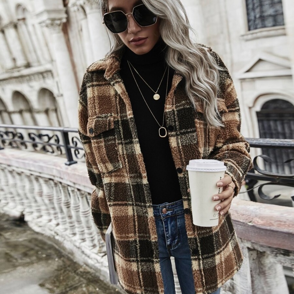 Sherpa plaid brown black button down teddy jacket - Picture 4 of 6